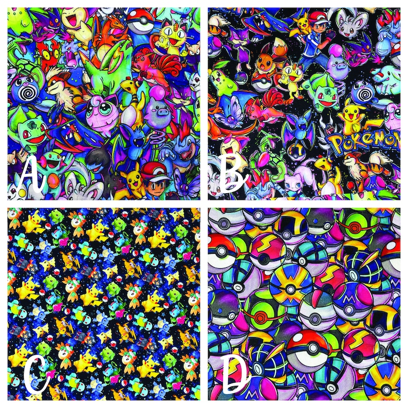 Puede incluir: Un collage de cuatro dise&ntilde;os diferentes con personajes de Pok&eacute;mon. El primer dise&ntilde;o presenta una variedad de personajes de Pok&eacute;mon sobre un fondo colorido. El segundo dise&ntilde;o presenta personajes de Pok&eacute;mon sobre un fondo negro con estrellas. El tercer dise&ntilde;o presenta un patr&oacute;n repetitivo de personajes de Pok&eacute;mon sobre un fondo negro con estrellas. El cuarto dise&ntilde;o presenta un patr&oacute;n repetitivo de Pok&eacute; Balls sobre un fondo negro con estrellas.
