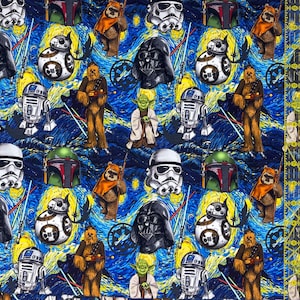 May include: A fabric pattern featuring Star Wars characters such as Darth Vader, Yoda, and Chewbacca, set against a swirling blue and yellow background reminiscent of Van Gogh's "Starry Night." Includes Stormtroopers, BB-8, and Ewoks.
