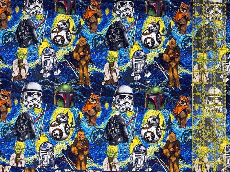 May include: A fabric pattern featuring Star Wars characters such as Darth Vader, Yoda, and Chewbacca, set against a swirling blue and yellow background reminiscent of Van Gogh's "Starry Night." Includes Stormtroopers, BB-8, and Ewoks.