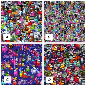Puede incluir: Cuatro diseños de tela diferentes con el popular videojuego Among Us. Los diseños presentan una variedad de colores, incluyendo rosa, azul, verde, rojo, amarillo y negro. Los personajes están en diferentes poses, incluyendo de pie, sentados y corriendo. Los diseños son perfectos para crear proyectos únicos y divertidos.