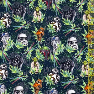 May include: Dark blue fabric with a repeating pattern of Star Wars characters such as Darth Vader, Yoda, and Stormtroopers. The design includes green cannabis leaves, lightsabers, and BB-8 droids. A yellow ruler is visible on the right side.