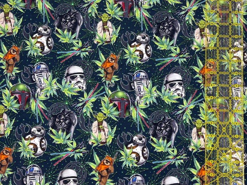 May include: Dark blue fabric with a repeating pattern of Star Wars characters such as Darth Vader, Yoda, and Stormtroopers. The design includes green cannabis leaves, lightsabers, and BB-8 droids. A yellow ruler is visible on the right side.