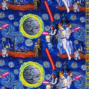 May include: A Star Wars fabric with a striking artistic design. The pattern includes iconic characters, lightsabers, and the Death Star against a swirling blue backdrop. The artwork has a painterly style, reminiscent of a famous artist.