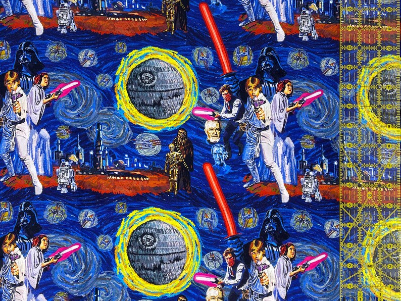 May include: A Star Wars fabric with a striking artistic design. The pattern includes iconic characters, lightsabers, and the Death Star against a swirling blue backdrop. The artwork has a painterly style, reminiscent of a famous artist.