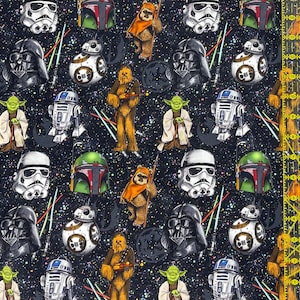 May include: Dark fabric with Star Wars characters including Darth Vader, Yoda, Chewbacca, and Stormtroopers. The design features BB-8, R2-D2, and Ewoks, set against a starry backdrop. Suitable for crafting projects.
