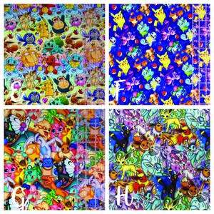 Puede incluir: Cuatro cuadrados de tela coloridos con un patr&oacute;n repetido de personajes de Pokemon de dibujos animados. Los cuadrados est&aacute;n dispuestos en una cuadr&iacute;cula con una regla visible en el lado derecho de la imagen.