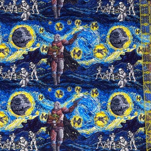 May include: Fabric with a repeating Star Wars design. The artwork shows The Mandalorian with Grogu, Stormtroopers, the Death Star, and TIE fighters against a swirling blue and yellow starry night background.