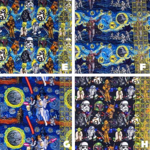 May include: Fabric panels with Star Wars characters and scenes. The designs include Darth Vader, Stormtroopers, and other characters set against a starry night sky and other backgrounds. The fabric is a mix of colours, including blue, black, and white.