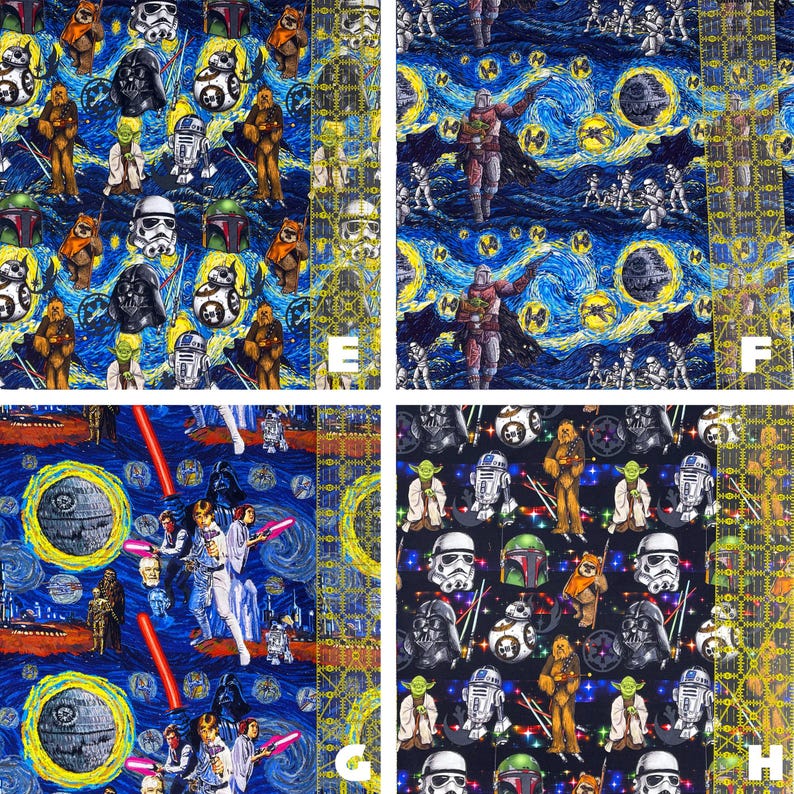 May include: Fabric panels with Star Wars characters and scenes. The designs include Darth Vader, Stormtroopers, and other characters set against a starry night sky and other backgrounds. The fabric is a mix of colours, including blue, black, and white.