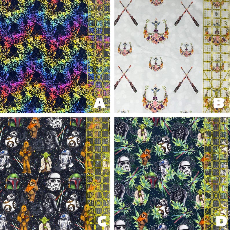 May include: Four fabric swatches with varied patterns. One displays a rainbow lace design. Another has floral crowns and crossed lightsabers on a white backdrop. The third features Star Wars characters on a black background. The last has Star Wars characters and cannabis leaves on a dark blue background.