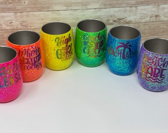 Vasos de vino diciendo playa / Vaso de brillo / Vaso de brillo personalizado / Vaso de brillo personalizado / Playa