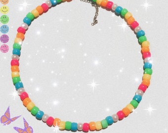 Adjustable Necklace Glass Pony Bead Necklace Big bead bracelet handmade rainbow necklace Pony Beads Big Bead Necklace 24k gold beads