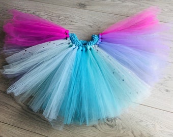 Baby girl toddler magical princess mermaid inspired sparkle tutu skirt - cake smash birthday outfit - under the sea rainbow fish tutu -