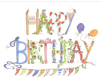 May include: A colorful illustration of the words "Happy Birthday" with whimsical details like candles, balloons, and a cake. The letters are decorated with flowers, vines, and other festive elements.