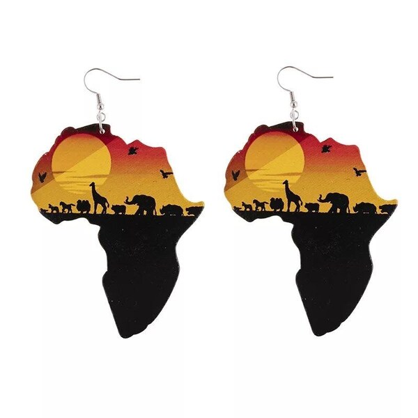 African Sunrise - Natural Wood Hoop Earrings | Black Girl Earrings - Black History Month - Africa Map Earrings - Black Mother Gift-Lion King