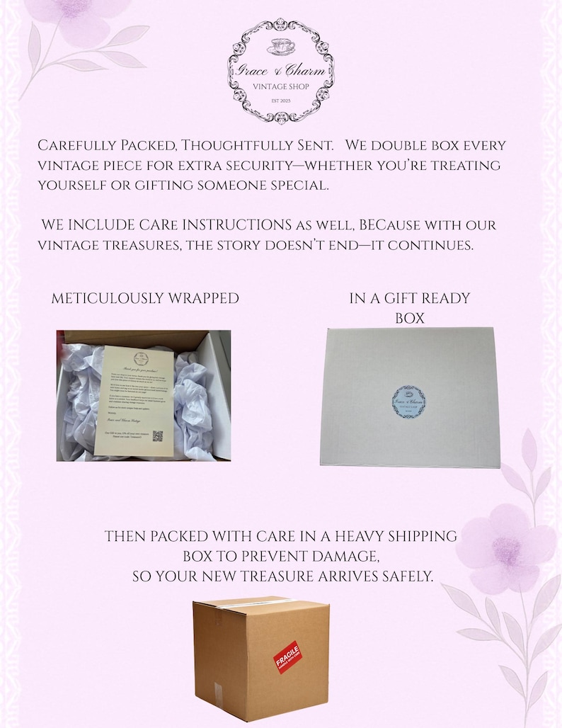 May include: Image shows a vintage shop's packaging process. Text reads "Grace & Charm Vintage Shop." Items are meticulously wrapped and placed in a gift-ready box, then packed in a heavy shipping box with a "Fragile" sticker.