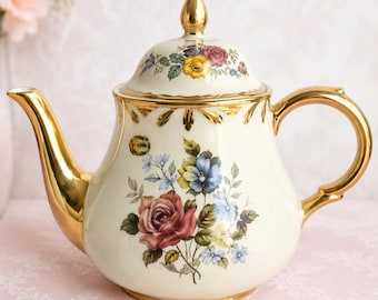Arthur Wood Floral Teapot, Cream Gold Mid Century English Teaware, Rose Cottage Decor