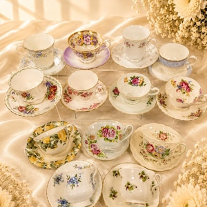 Curated Vintage Teacups & Saucers | English Bone China Floral Tea Party Set