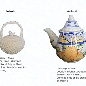 May include: Two ceramic teapots. One is white with a textured pattern and a handle. The other is a colorful, hand-painted teapot with a floral and fruit design. The teapots are for serving tea.
