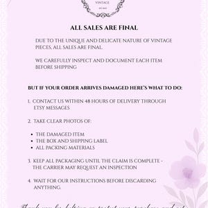 May include: A light purple background with text. The text reads "Grace & Charm Vintage" and "All sales are final." Instructions are provided for damaged items, including contacting the seller and taking photos. Floral and decorative elements are present.