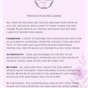 May include: A vintage item disclaimer with the Grace & Charm Vintage logo. The text explains the shop's policy on vintage items, including their condition, authenticity, and return policy. The background is a soft pink with floral accents.