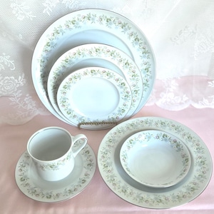 May include: A collection of white porcelain dinnerware with a floral pattern in shades of blue, green, and pink. The set includes plates of various sizes, a bowl, and a teacup with a saucer. Each piece has a silver trim.