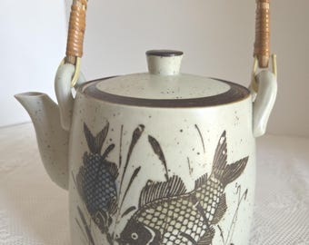 Vintage Enesco Koi Fish Teapot 1978 Ceramic Bamboo Handle Japanese Style Collectible Decor