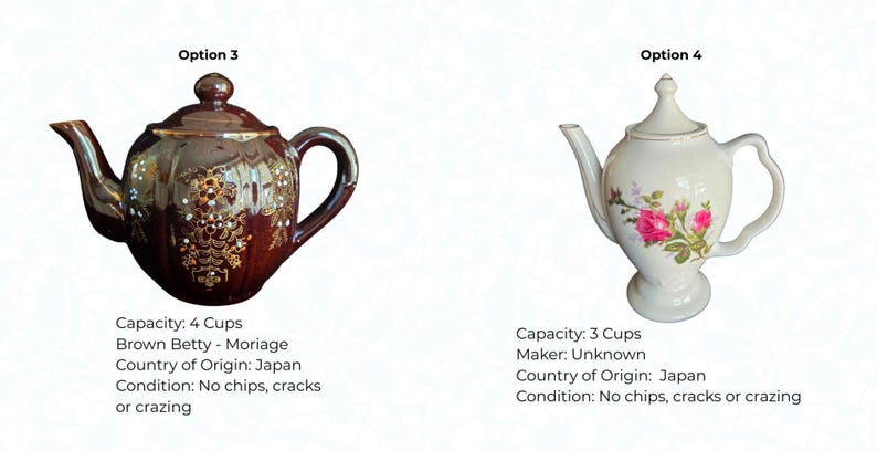 May include: Two teapots are displayed. One is brown with gold accents and a capacity of 4 cups. The other is white with pink floral designs and a capacity of 3 cups. Both are from Japan and in good condition.