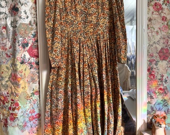 vintage Laura Ashley robe florale orange laine coton cottagecore années 80