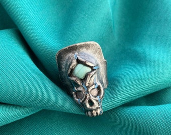 Leather Ring with a Skull and Turquoise / Leather Amulet with Turquoise / Leather Ring with a Stone / Turquoise Ring / Signet with a Stone