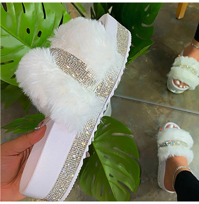 Buy Fur Slides for Woman Rhinestone Sandals Fluffy Female Shoes