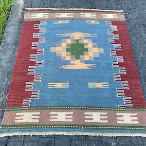 Turkish Kilim Rug, 3.8 x 3.1 ft, Handmade Kilim, Vintage Kilim, Blue Kilim Rug, Bohemian Kilim Rug, Anatolian Kilim, Decor, 586