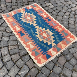 Turkish Kilim Rug, 3.7 x 2.6 ft, Handmade Kilim, Vintage Kilim, Blue Kilim Rug, Bohemian Kilim Rug, Anatolian Kilim, Decor, 281