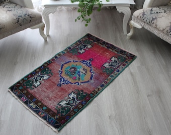 Rose - patterned Vintage Small Rug , Free Shipping , turkish rug , colorful rug , oushak rug , woven rug , handmade rug , Chic Rug 56