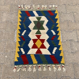 Blue Kilim Rug, Small Kilim Rug, Traditional Handmade Kilim, Tribal Rug, Geometric Small Rug,  Doormat Rug, 29