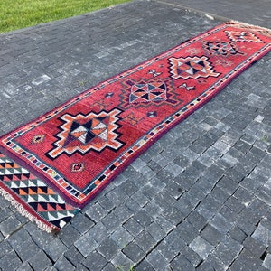 Vintage Herki Runner Rug, 12.3 x 2.6 ft, Red Hallway Rug, Herki Rug, Runner Rug,  375