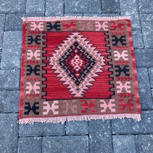 Red Kilim Rug, Small Kilim Rug, 1.8 x 1.6 ft Traditional Handmade Kilim, Tribal Rug, Geometric Small Rug,  Doormat Rug, 522