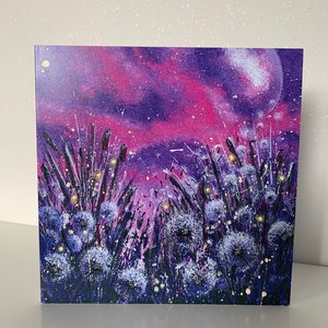 Insonnia - Biglietto bianco, Spirituale, chiaro di luna, denti di leone, lucciole, Da un dipinto acrilico originale, Cartoline, compleanno, biglietto bianco