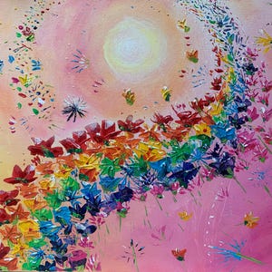 Benedizioni - Biglietto vuoto, Spirituale, Luce solare, Arcobaleno, Fiori, Cieli rosa, Da un dipinto acrilico originale, Biglietti, occasione, biglietto vuoto