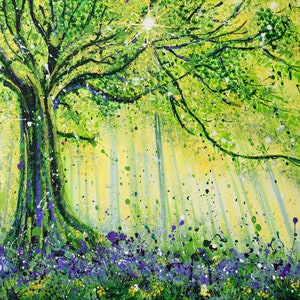 Koesteren - Wenskaart, spiritueel, zonlicht, bos, boshyacint, van een origineel acrylschilderij, kaarten, gelegenheid, blanco kaart