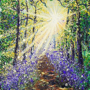 Alegria - Cartão em branco, Espiritual, Luz solar, Flores, Floresta, jacintos, De uma pintura acrílica original, Cartões, aniversário, cartão em branco