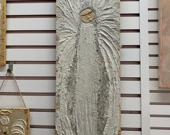 Angel Art - Plata, Arte acrílico texturizado original sobre tablero OSB reciclado, Brillo
