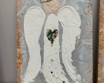 Lucky Diva hart Angel - Originele getextureerde kunst, kristallen, spiritueel, engelen, upcycled materialen/board,