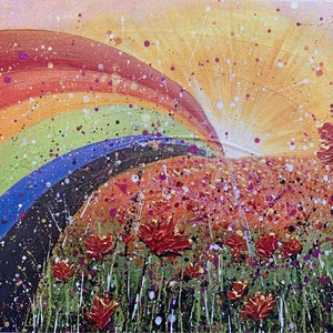 Tesouro - Cartão em branco, flores vermelhas, gramíneas, arco-íris, pôr do sol, De uma pintura acrílica original, Cartões, aniversário, cartão em branco