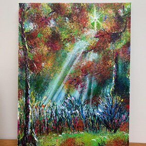 Confiance - Carte vierge, Spirituel, Lumière du soleil, Forêt d'automne, D'une peinture acrylique originale, Cartes, occasion, carte vierge