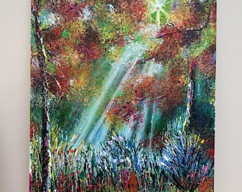 May include: A painting of a forest scene with bright light shining through the trees. The trees are a mix of green, brown, and red, and the light is a bright white. The painting is done in a textured style, with thick brushstrokes.
