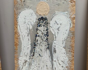 Blue glitter Angel - Affordable Original Art, Spiritual, Angels, upcycled materials/board, Texture