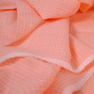 PINK classic gingham linen fabric lightweight by the meter 150 cm width 150 gsm for curtains sewing salmon checked flax fabric lithuanian