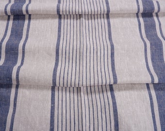 Tejido de Lino Rayado Grueso cortado a medida o metro en color AZUL MARINO 260 gr/m2, 140cm de ancho Tejido de Lino para tapicería, cortinas sacos lino