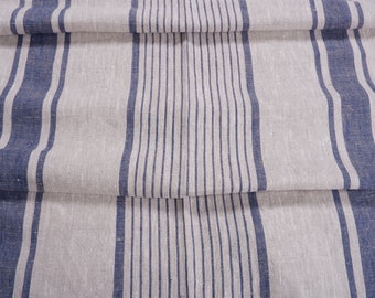 Heavy Weight Striped Linen fabric by the yard or meter in navy BLUE  260 gr/m2, 140cm width Linen fabric for upholstery, curtains sack linen